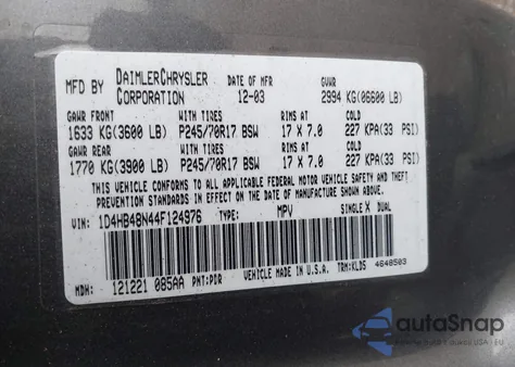 2004 Dodge Durango Slt из США, поврежденный, VIN 1D4HB48N44F124976